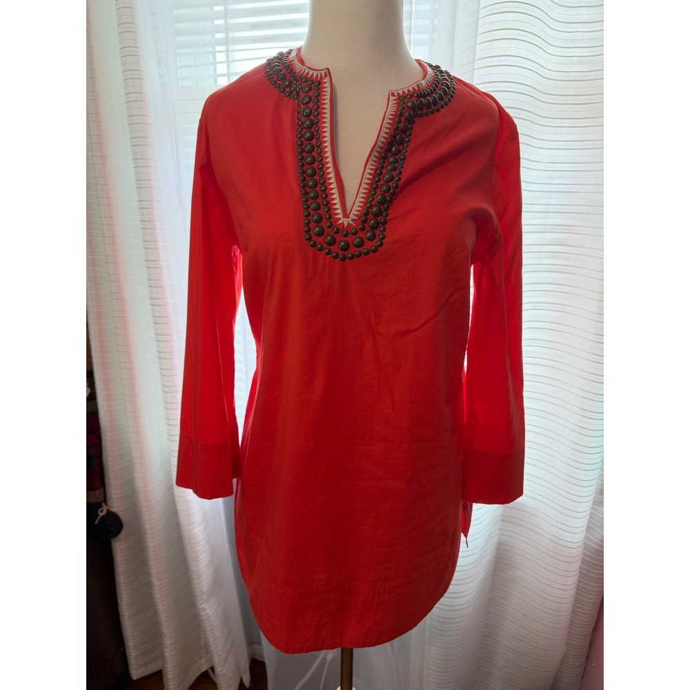 Anne Klein New York Womens Orange Red Studded Embroidered Tunic Top Size S